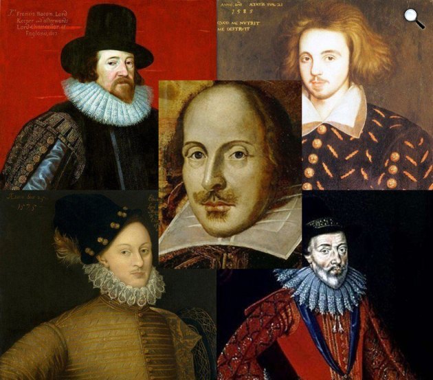 William Shakespeare, Sir Francis Bacon; Christopher Marlowe; Edward de Vere, Oxford grófja; William Stanley, Derby grófja (Fotó: Wikipédia)