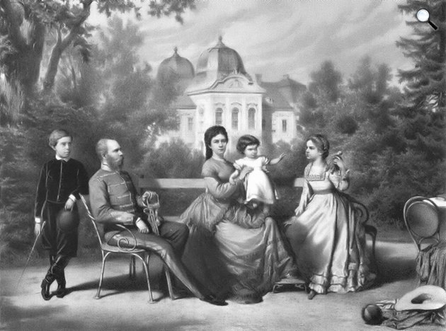 Ferenc József és Erzsébet királyné gyermekeikkel Grassalkovich-kastély parkjában, Gödöllő, 1871 (Fotó: Vasárnapi Ujság)