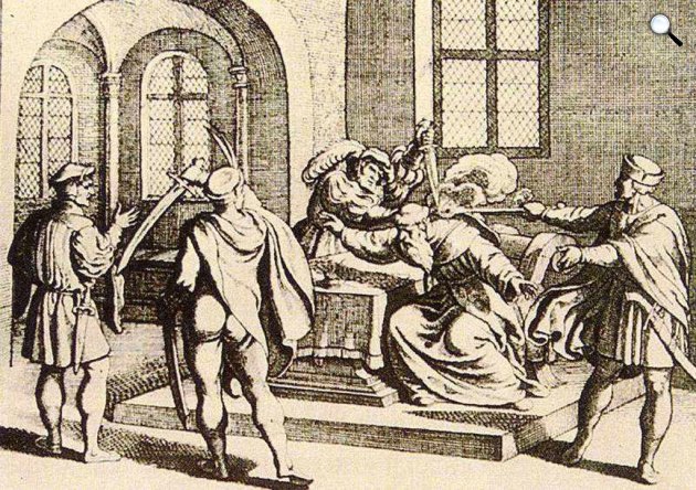 Martinuzzi Fráter György barát meggyilkolása 1551. december 17-én az alvincii kastélyban, 17. sz. rézmetszet (Fotó: MEK.OSZK)