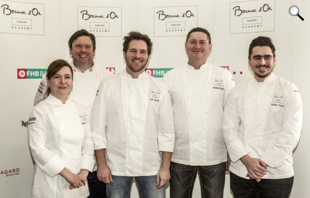 Szulló Szabina, Hamvas Zoltán, a Magyar Bocuse d\'Or Akadémia és a magyar csapat elnöke, Széll Tamás séf, a 2016-os kontinensbajnokság győztese, Vomberg Frigyes coach és Szabó Kevin commis (MTI Fotó: Szigetváry Zsolt)