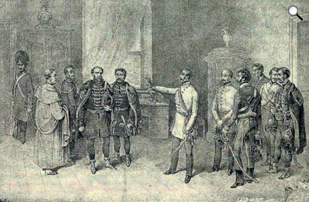 A magyar országgyűlés küldöttsége a Bicskei kastély termében, Lonovics József, ifj. Mailáth György, Deák Ferenc, Batthyány Lajos, Alfred Windischgrätz, 1849 (Fotó: Vasárnapi Újság / OSZK)
