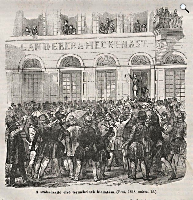 A 12 pont, a szabad sajtó első hivatalos terméke Pesten, 1848. március 15. (Fotó: Vasárnapi Ujság 1868. március 15. / OSZK)
