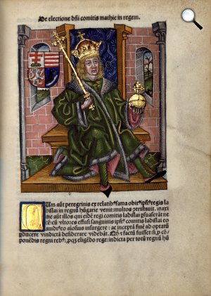 Hunyadi Mátyás király a Thuróczy krónikában (Augsburg, 1488) (Fotó: OSZK)