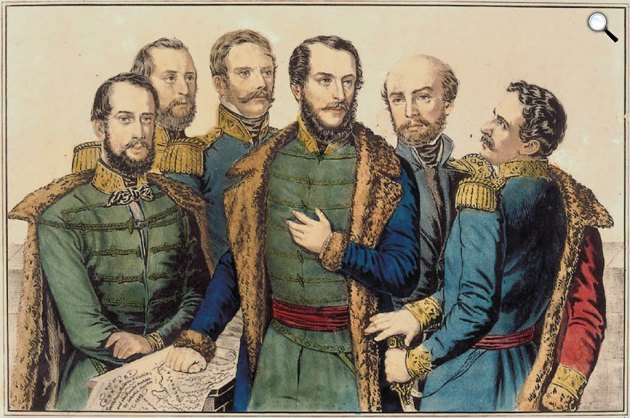 Kossuth Lajos tábornokai körében. Balról: Klapka György, Perczel Mór, Henryk Dembiński, Kossuth Lajos, Bem József és Aulich Lajos litográfia (Fotó: Wikipédia)