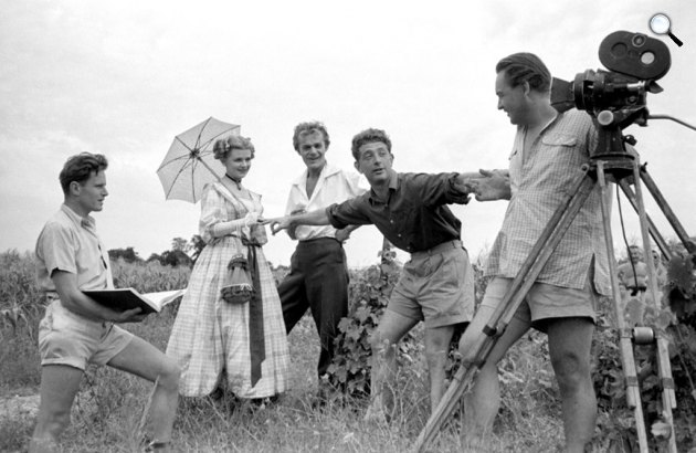 Krencsey Marianne és Darvas Iván színművészek, Makk Károly rendező és Pásztor István operatőr a Liliomfi forgatásán, Badacsonyban, 1954 (Fotó: Gink Károly / fotomuzeum.hu)