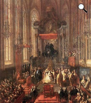 Mária Terézia magyar királynővé koronázása 1741. június 25-én a pozsonyi Szent Márton-székesegyházban, 1741 (Fotó: OSZK)
