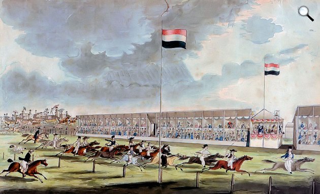 Johann Erdmann Gottlieb Prestel: A Széchenyi István javaslatára megvalósított első pesti lófuttatás, Budapest, 1827 (Fotó: Wikipédia)