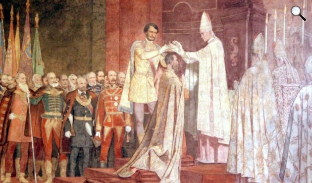 Székely Bertalan: I. Ferenc József királlyá koronázása Budán, 1867-ben (Fotó: kecskeméti új városháza falfestmény/Wikipédia)