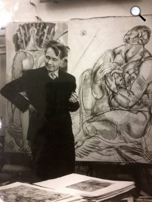 Hincz Gyula (1904-1986) grafikus, festőművész a műtermében (Fotó: BÁV)