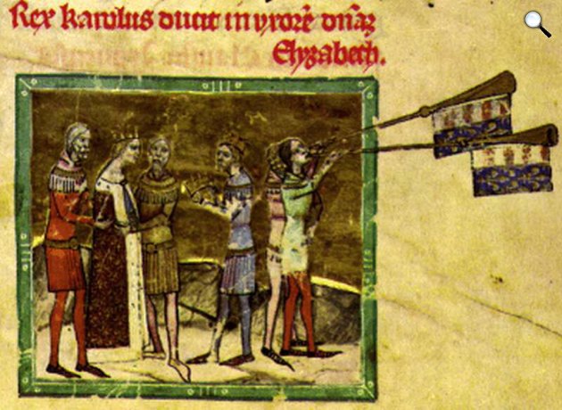 Károly Róbert és negyedik feleségének, Łokietek Piast Erzsébet, a lengyel király lányának 1320-as esküvője a Képes krónikában (Fotó: OSZK)