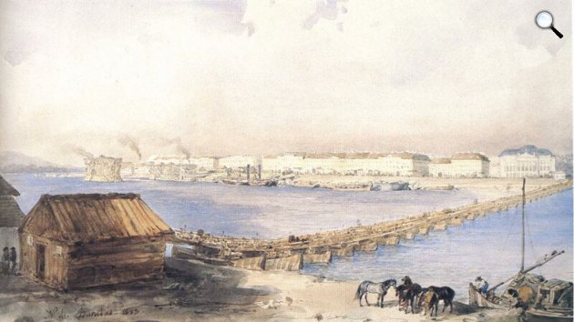Barabás Miklós: A pesti Dunapart a Lánchíd épülő pillérével, 1843 (Fotó: OSZK)