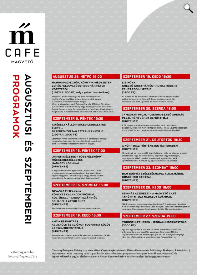 A Magvető Café augusztusi és szeptemberi programjai.