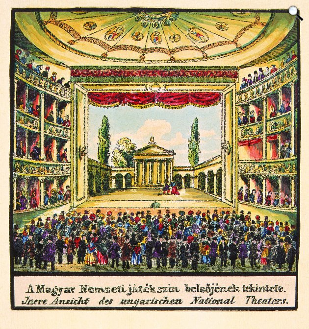 Vasquez Károly: Szerelmi jelenet a Pesti Magyar Színház színpadán, 1838 (Fotó: OSZK)  