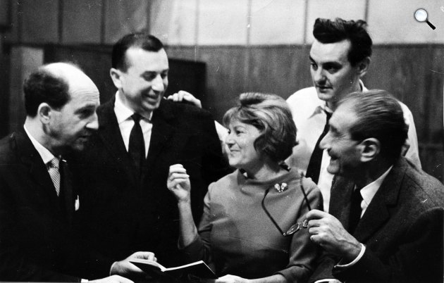 Rádiószilveszter - Brachfeld Siegfried, Szilágyi György, Turay Ida, Marton Frigyes, Békeffi István, 1964 (Fotó: Fortepan)