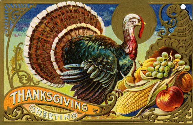 A hálaadás napja (Thanksgiving Day). A képeslapon pulyka, tök, kukorica, szőlő (Fotó: viintage.com)