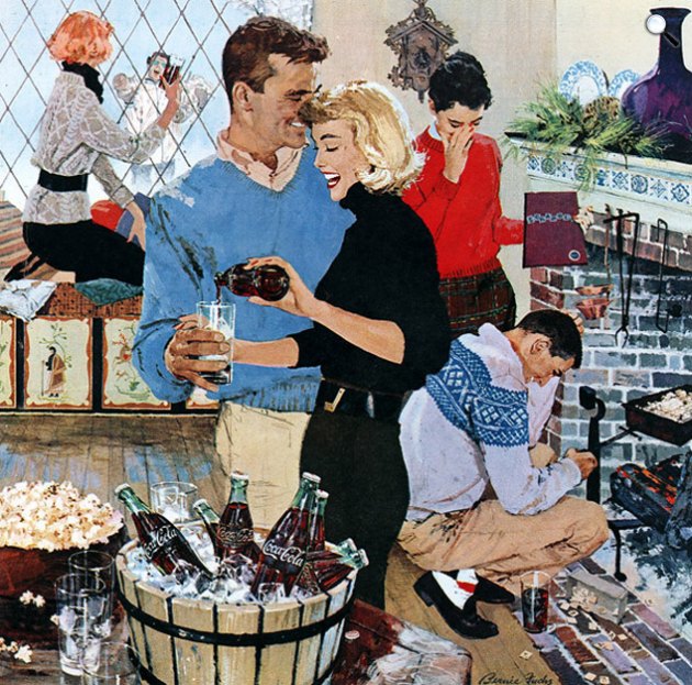 Szilveszterkor szórakozó emberek, parti, rendezvény, Coca Cola, 1957 (Fotó: listal.com)