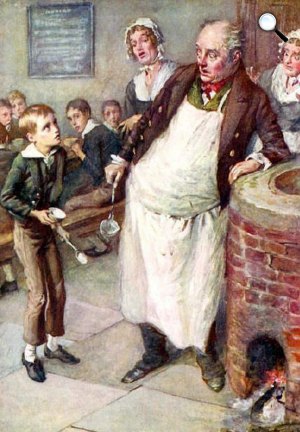 Charles Dickens - Harold Copping: Twist Olivér, vizezett zabkása (Fotó: Wikiart