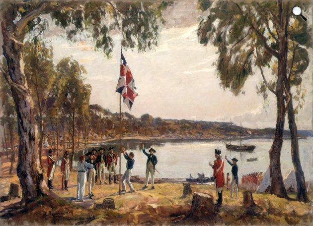 Algernon Telmage: Arthur Phillip kapitány vezetésével horgonyt vetettek a Sydney-öbölben 1788-ban, 1937 (Fotó: Wkimédia)