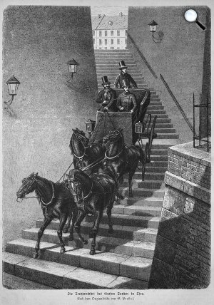 Sándor Móric gróf, az „ördöglovas” a vár lépcsőin kocsit hajt, 1872 (Fotó: OSZK)