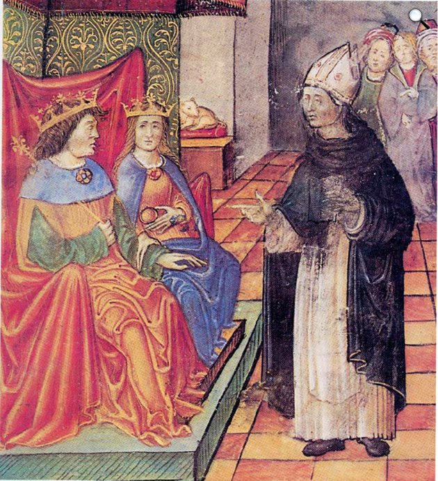 Petrus Ransanus nápolyi követ beszédet mond Mátyás és Beatrix előtt - miniatúra, 1480-as évek vége (Fotó: OSZK)