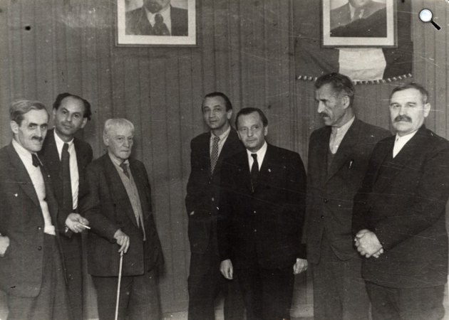 Rideg Sándor, Gereblyés László, Julien Benda, Győri János, Molnár Erik, Szabó Pál, Veres Péter, 1948 (Fotó: Dénes D. László/PIM)