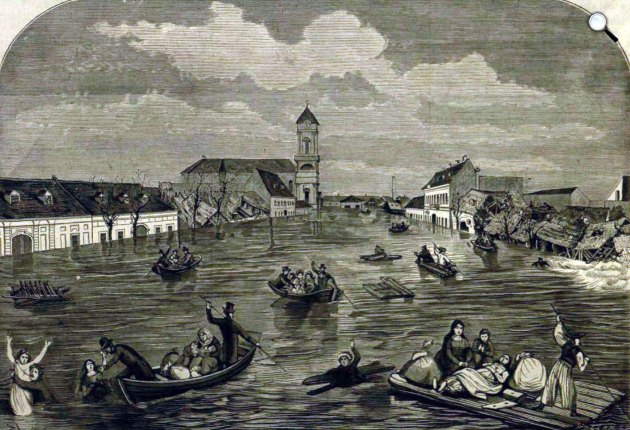 Életmentés a Dunán, Nagymező utca, balra hátul a Terézvárosi plébániatemplom, az 1838-as nagy pesti árvíz idején (Fotó: OSZK