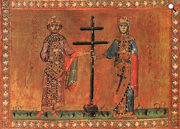 Szent Konstantin császár ésSzent Ilona császárnő a kettős kereszttel, bizánci miniatura, 11. szd. (Fotó: Wikimédia)