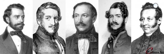 Degré Alajos (1819-1896), Bajza József (1804-1858), Vörösmarty Mihály (1800-1855), Szemere Bertalan (1812-1869), Czuczor Gergely (1800-1866) (Fotók: OSZK, cultura.hu)