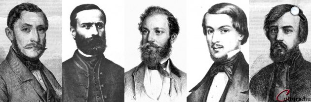 Kemény Zsigmond (1814-1875), Gyulai Pál (1826-1909, Jókai Mór (1825-1904), Irinyi József (1822-1859), Medgyes Lajos (1817-1894) (Fotók: OSZK, cultura.hu) 