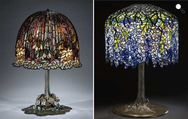 Louis Comfort Tiffany: Üveglámpa, 1904-15 körül; Wisteria lámpa, 1910 körül (Fotó: Met Museum, Christie's)