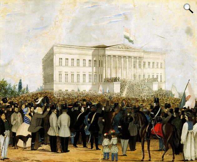Ismeretlen művész: Petőfi Sándor a Nemzeti dalt szavalja a Nemzeti Múzeum lépcsőjén, 1848. március 15-én (Fotó: OSZK)