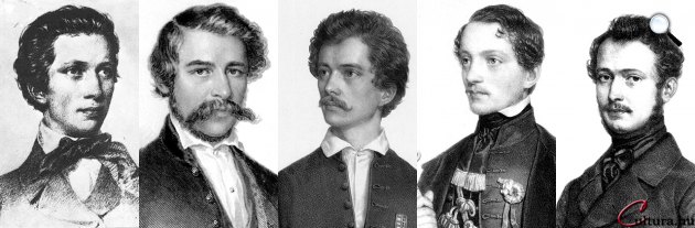 Vajda János (1827-1897), Arany János (1817-1882), Petőfi Sándor (1823-1849), Vasvári Pál (1826-1849), Tompa Mihály (1817-1868) (Fotók: OSZK, cultura.hu)