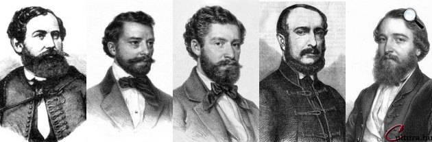  Vas Gereben (1823-1868), Obernyik Károly (1814-1855), Bérczy Károly (1821-1867), Vahot Imre (1820-1879), Csengery Antal (1822-1880) (Fotó: OSZK, cultura.hu)