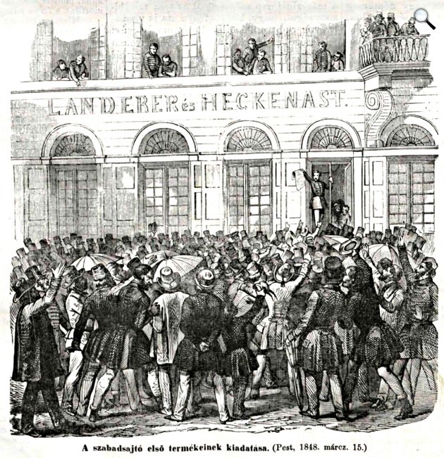Landerer és Heckenast nyomda - A szabadsajtó első terméke Pesten 1848. március 15-én (Fotó:  Vasárnapi Ujság/OSZK)