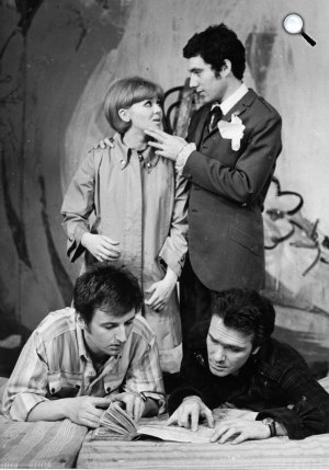 Trükk - Halász Judit, Kovács István, Tahi-Tóth László és Tordy Géza színművészek, Pesti Színház, 1968 (Fotó: Fortepan)
