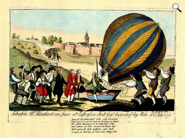 Hieronymus Löschenkohl: Jean-Pierre Blanchard landolása a La Manche csatorna átrepülésekor, 1791