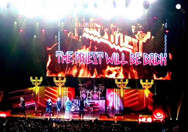 Judas Priest - Rob Halford énekes, Richie Faulkner Andy Sneap gitárosok, Ian Hill basszusgitáros és Scott Travis dobos, Papp László Budapest Sportaréna, 2018 (Fotó: Kibelbeck Mara / cultura.hu)