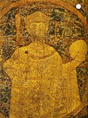 I.(Szent) István egyetlen fennmaradt korabeli ábrázolása a koronázási paláston látható, 1031 (Forrás: A magyar Szent Korona)