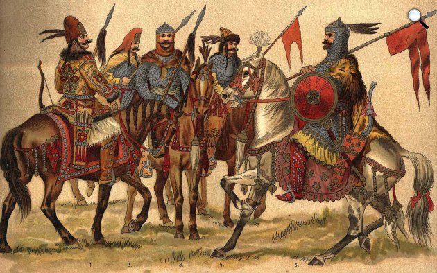 Honfoglaláskori harcosok: ú. m. csapatvezetők, hadnagyok és fejedelem öltözéke, nadrág, ruhadisíztés, hajviselet (Fotó: Magyar viseletek története / OSZK)