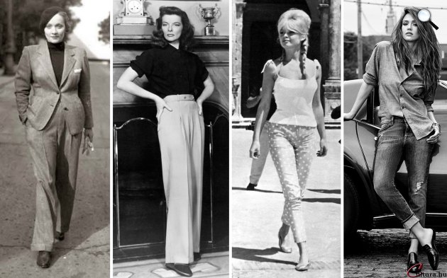 Marlene Dietrich Chanel nadrágban, 1930; Katherine Hepburn Chanel nadrágban, 1940; Brigitte Bardot capri nadrágban, 1960-as évek; Jessica Alba farmerben, 2016 (Fotók: Instagram, Facebook, Twitter)