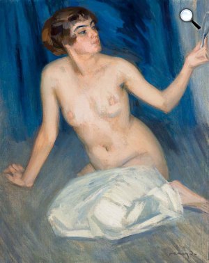 Vaszary János: Női akt tükörrel és kék drapériával, 1905 körül (Fotó: Kieselbach Galéria)