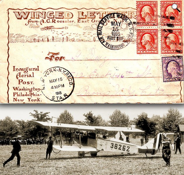 Az első amerikai légiposta szállítása, bélyege, USA, 1918 (Fotó: Wikimédia)