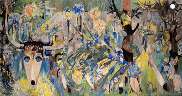 Szántó Piroska: Szarvassá változott fiú, faliszőnyeg a szombathelyi Bartók Béla Zeneiskola aulájában (Fotó: Vasi Múzeumbarát Egylet)