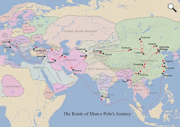 Marco Polo (1254-1324) itáliai utazó, útirajzíró útjai térképen (Fotó: Wikimédia)