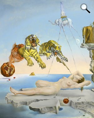 Salvador Dalí: Gránátalma körül röpködő méhecskétől kiváltott álom, egy pillanattal ébredés előtt,1944 (Fotó: Museo Thyssen-Bornemisza, Madrid)