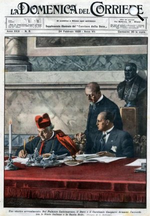 A lateráni egyezmény - 1929. február 11-én írta alá Benito Mussolini fasiszta diktátor és Gasparri bíboros aláírja a megállapodást a lateráni palotában (Fotó: La Domenica del Corriere)