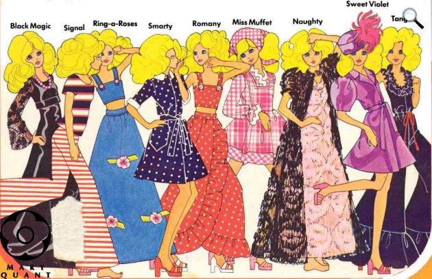 Mary Quant diattervező és stylist divarttervei, 1974 (Fotó: listal.com)