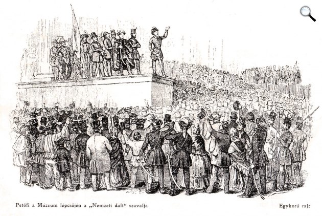 Petőfi Sándor a Nemzeti dalt szavalja a Nemzeti Múzeum lépcsőjén, 1848. március 15. (Fotó: OSZK)