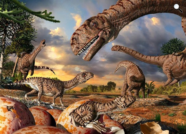 Tojásokból kikelő Massospondylus-fiókák a fészekben, háttérben a szülőállatokkal (Forrás: Julius T. Csotonyi)