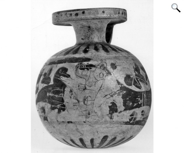 Etruszko-korinthosi gömbaryballos (illatszeres edény, váza), Kr. e. 560–550 körül (Fotó: Szépművészeti Múzeum)